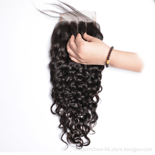 Wholesale price brazilian virgin human hair water wave lace closure, free part middle part three part human lace closure